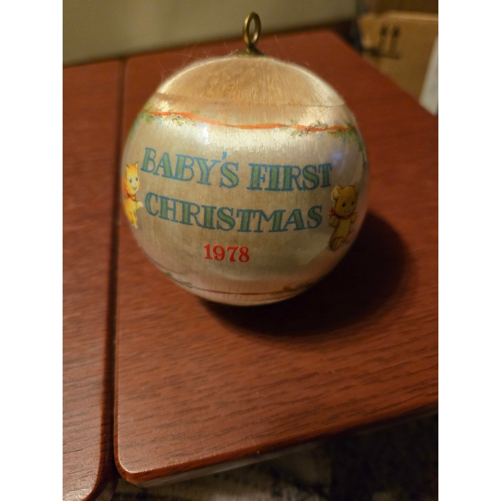 Vintage 1978 Hallmark Baby's First Christmas Satin Ball Ornament Teddy Bear